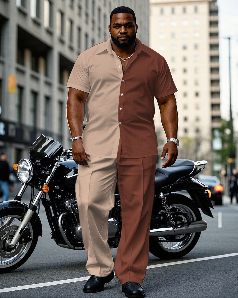Men's Plus Size Casual & Khaki & Brown Colorblock Short Sleeve Shirt Trousers Suit