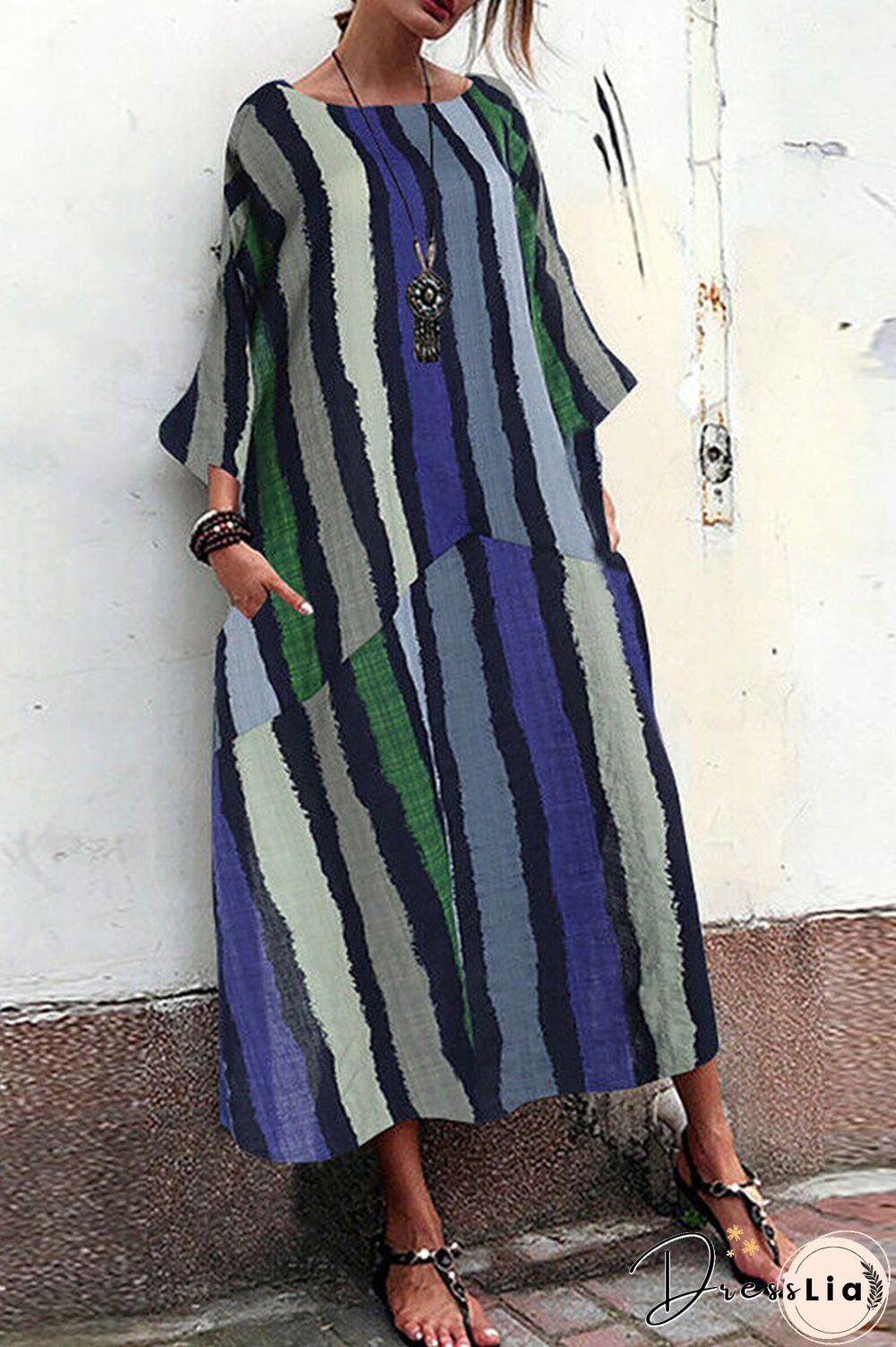 Vintage Striped Pockets Maxi Dress