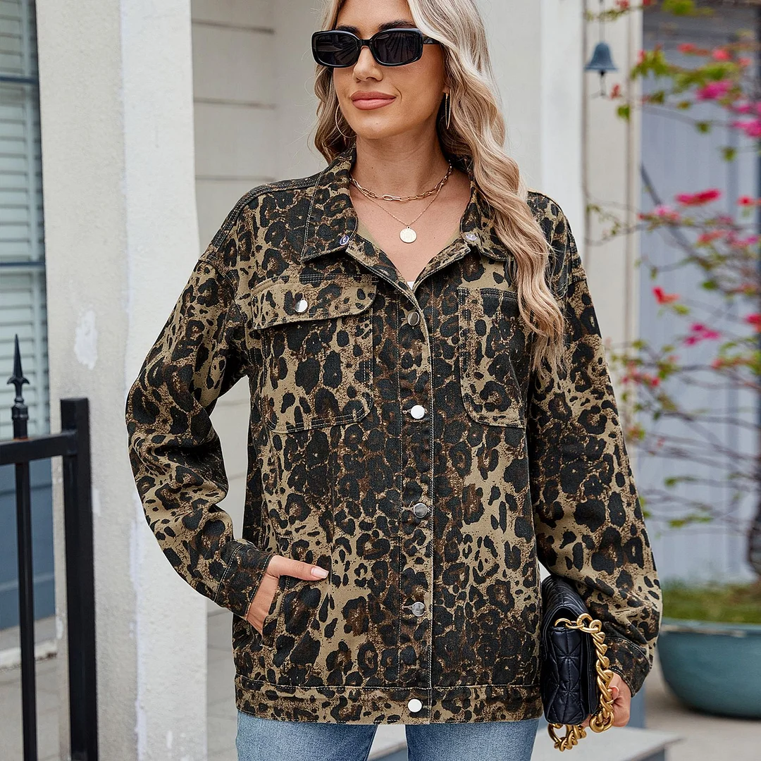 Women's Leopard Print Denim Jacket Top with Hoode