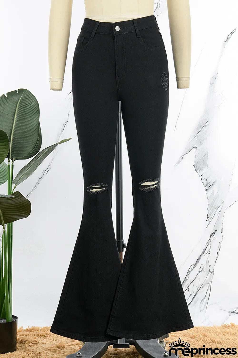 Black Casual Solid Ripped High Waist Boot Cut Denim Jeans