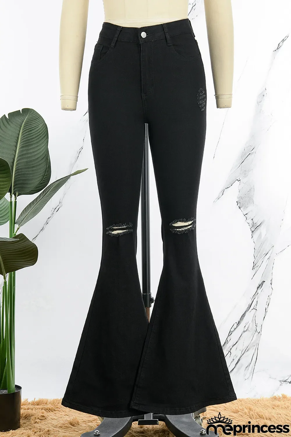 Black Casual Solid Ripped High Waist Boot Cut Denim Jeans