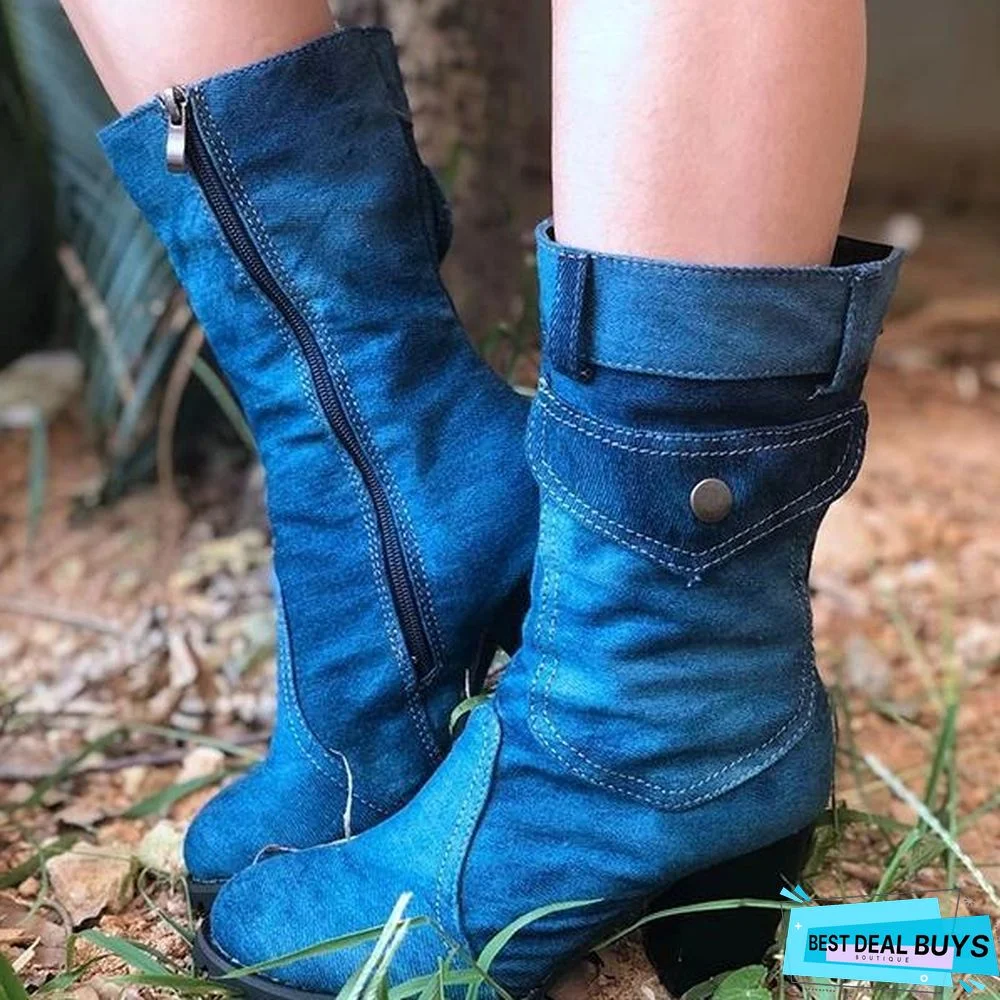 Mid-Rise Chunky with Casual Denim Booties