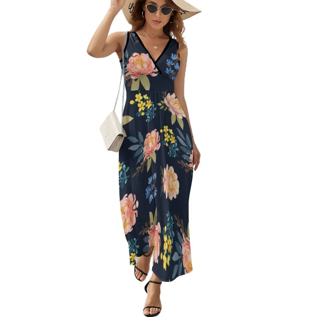 Women Summer Navy Watercolor Peach Peony Dresses Floral Beach Maxi Party Sleeveless Dress
