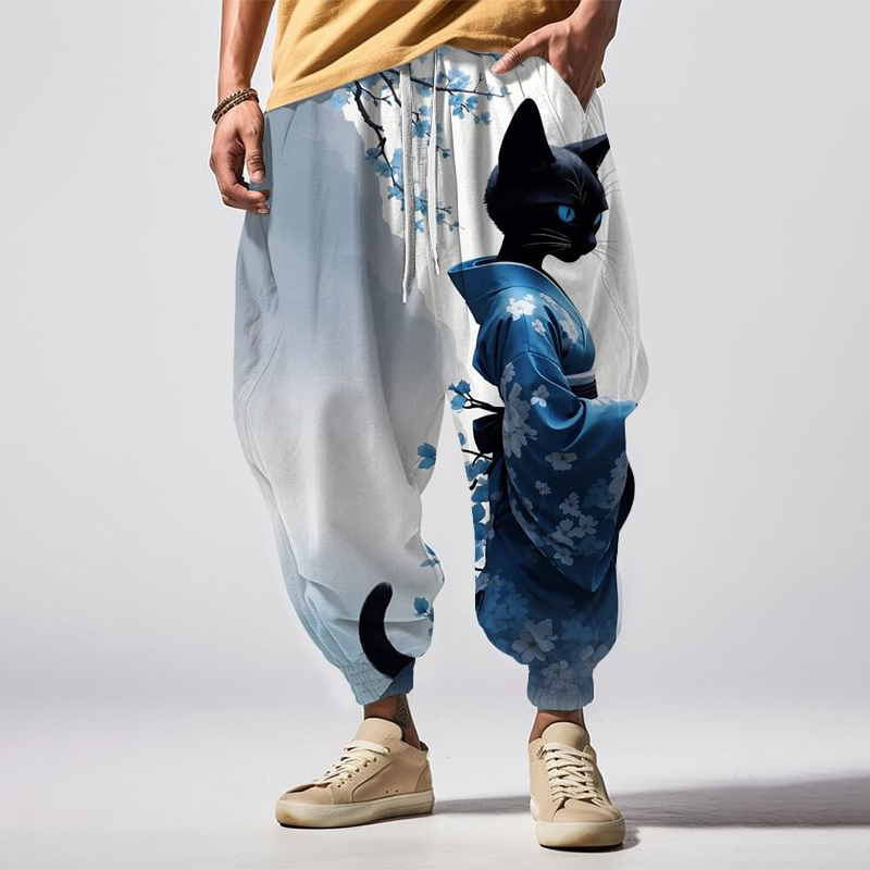 Comstylish Japanese Art Elegant Sakura Kimono Cat Print Casual Loose Drawstring Waist Sweatpants
