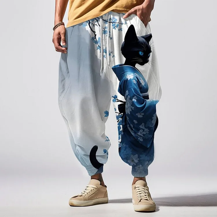 Japanese Art Elegant Sakura Kimono Cat Print Casual Loose Drawstring Waist Sweatpants