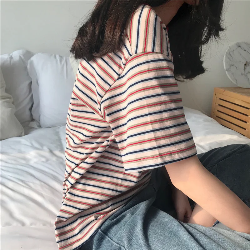 Uveng Uveng 2024 New Striped Short-Sleeved T-Shirt Korean Version Bottom Shirt Women's Student Top Women's Clothing