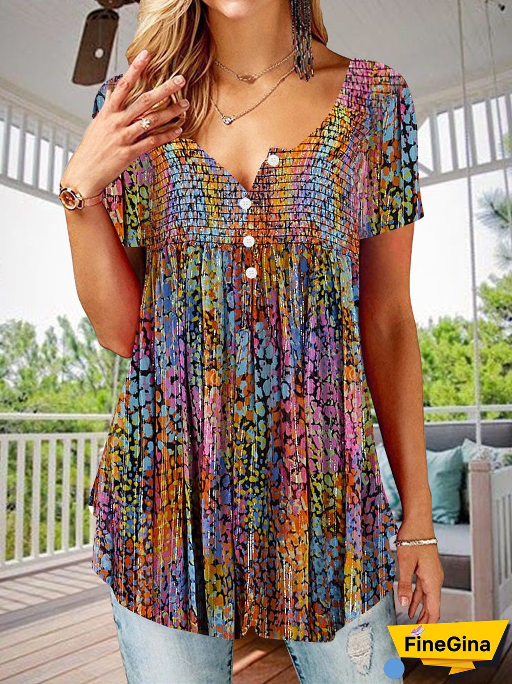 Women's Short Sleeve V-neck Colorful Graphic Button Top