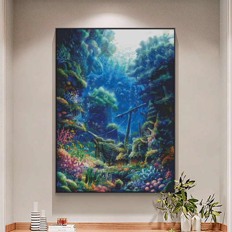 【JJ1482- Cat Fairy Tale City's Underwater Water Grass House】 Painting Fairy Cross Stitch