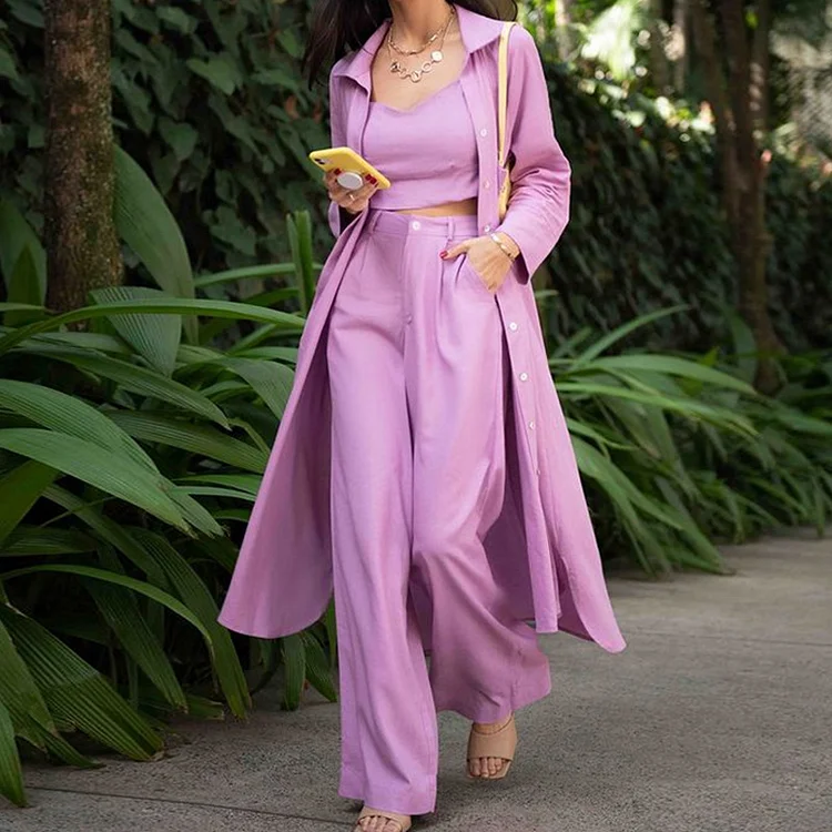 Casual Windbreaker Jacket Crop Top and Wide Leg Pants Three-piece Set