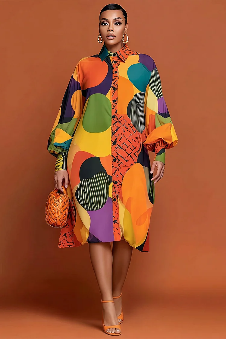 Xpluswear Design Plus Size Daily Multicolor Graphic Shirt Collar Lantern Sleeve Long Sleeve Button Pocket Midi Dresses 2024 - Xpluswear