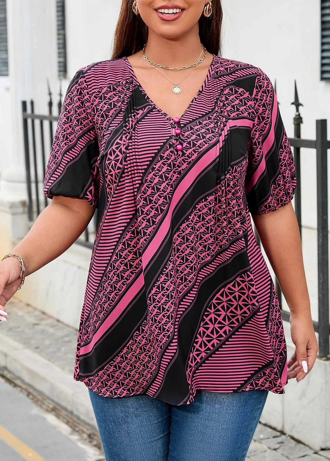 Plus Size V Neck Striped Crinkle Chest Blouse