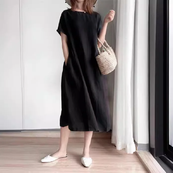 Nigikala Nigikala New Leisure Spring And Summer Loose Skirt Short Sleeve Round Neck Solid Cotton Linen Dress