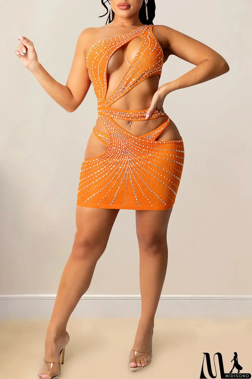 MidiSono - Black Sexy Solid Hollowed Out Split Joint Asymmetrical Hot Drill Oblique Collar One Step Skirt Dresses