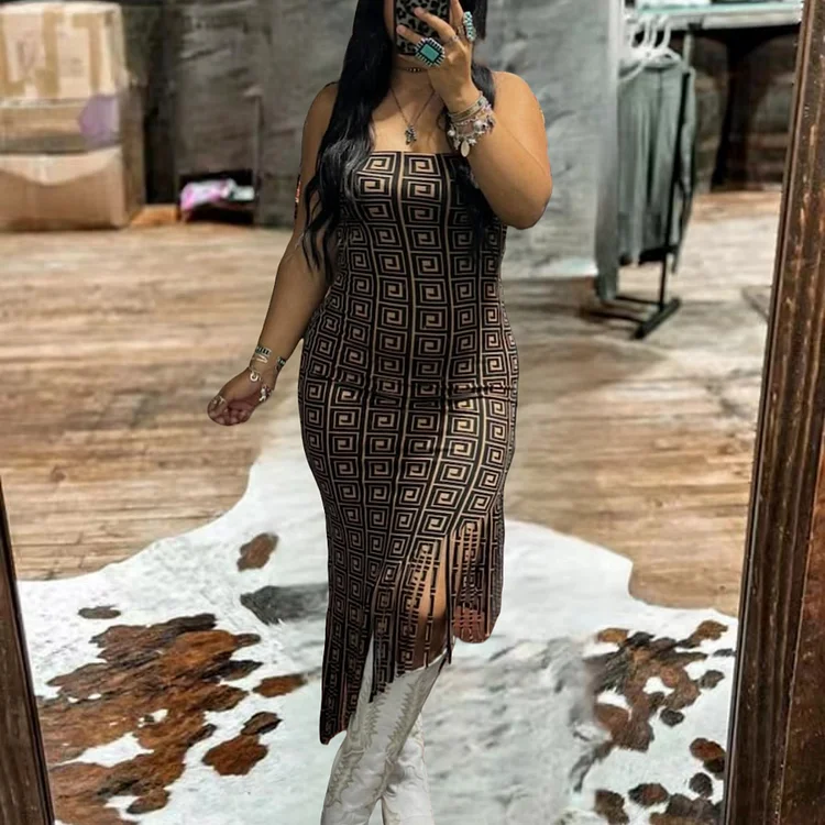 Brown Asymmetrical fringe Dress