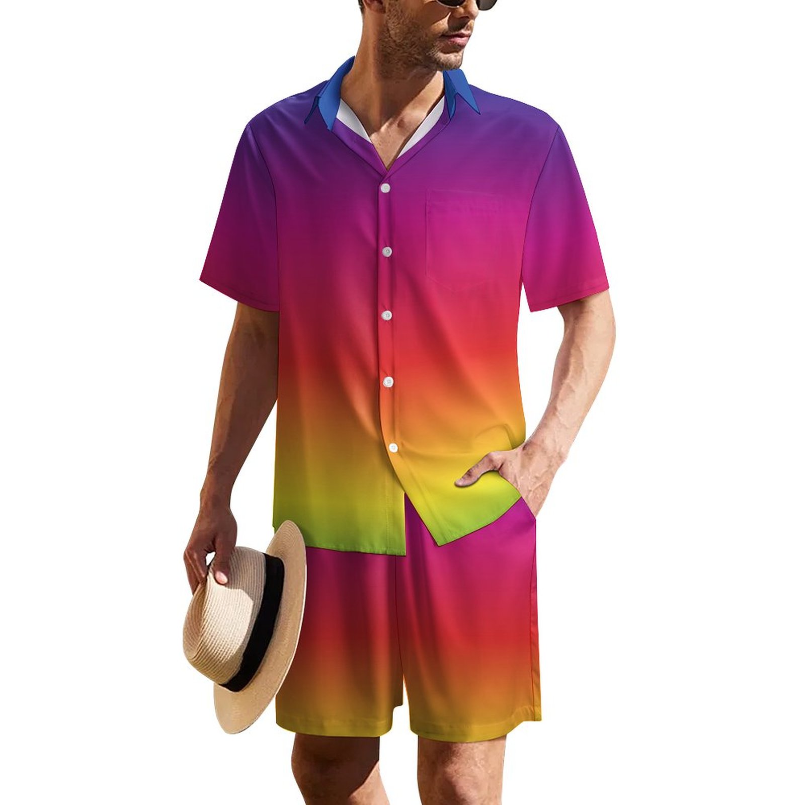 Summer Rainbow Gay Pride Gradient Men's Hawaiian Matching Set Guys Beach 2 Piece Hippie Outfits Shirts and Shorts