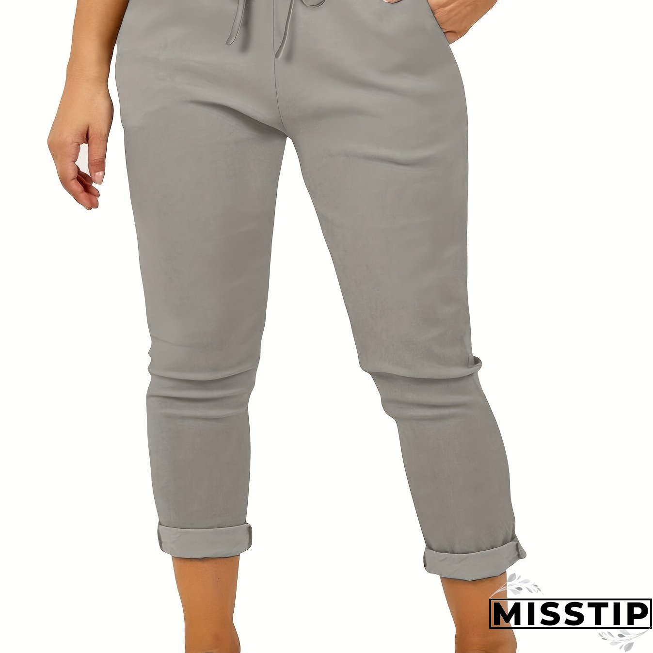 Plus Size Casual Pants, Women's Plus Solid Drawstring Roll Up Hem Slight Stretch Pants