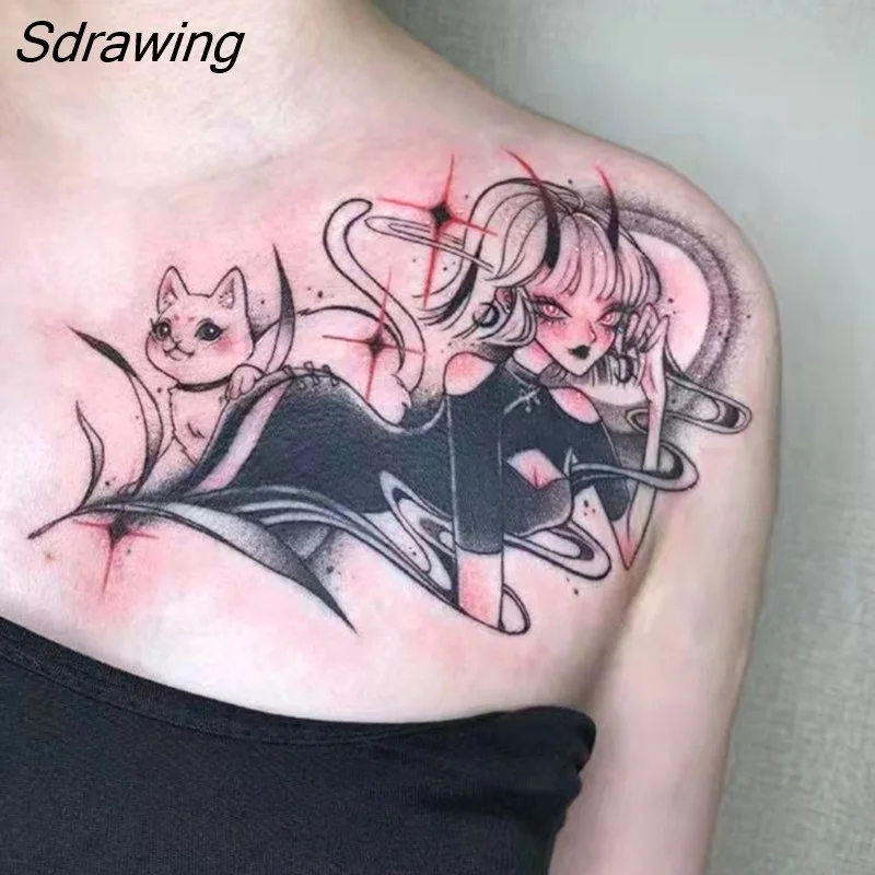 Sdrawing Temporary Tattoo Sticker Anime Cartoon Cute Pink Hair Girl Flower Necklace Fake Tatto Flash Tatoo Art for Women Men