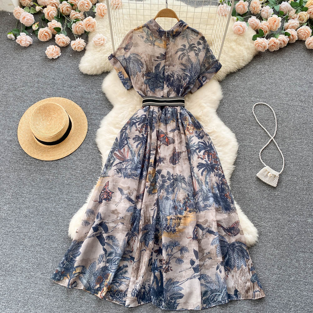 Women Vintage Party Dress Summer French Elegant Print Dress Ladies High Waist Retro Single Breasted Belt Casual Long Dress