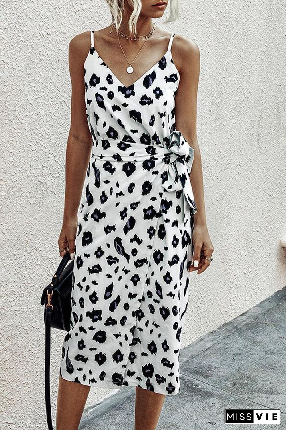 Fashionable Leopard-print Strapped Backless Midi Dress P11759
