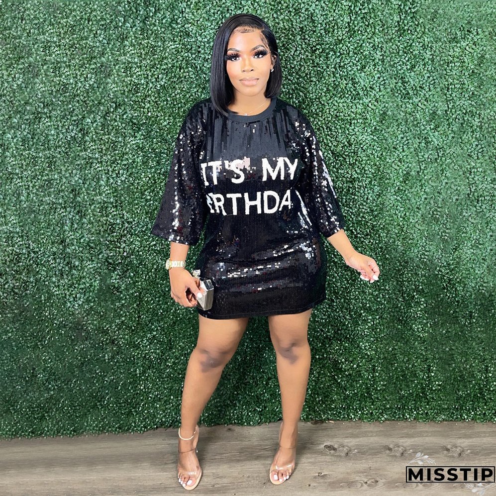 Trendy Round Neck Half Sleeve Loose Sequin Print Party Sequined Nightclub Style Women's Dress