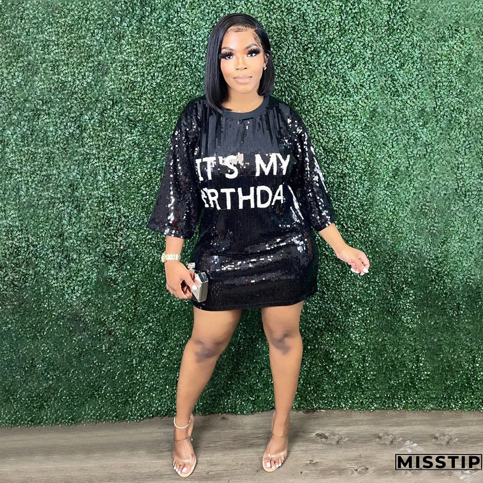 Trendy Round Neck Half Sleeve Loose Sequin Print Party Sequined Nightclub Style Women's Dress