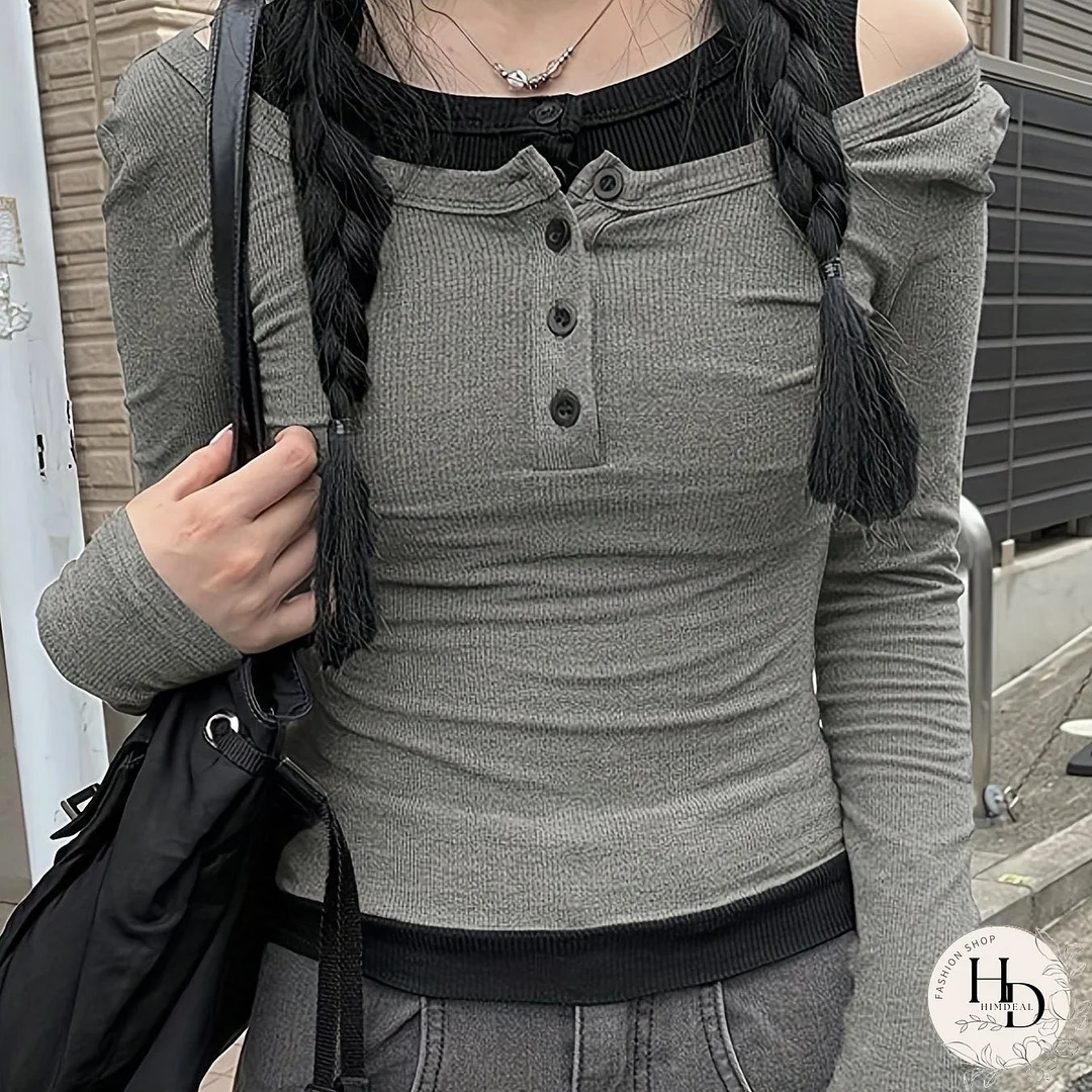 Solid Casual Two-piece Set, Crew Neck Long Sleeve Tops & Sleeveless Button Front Tank Top Outfits, Women's Clothing