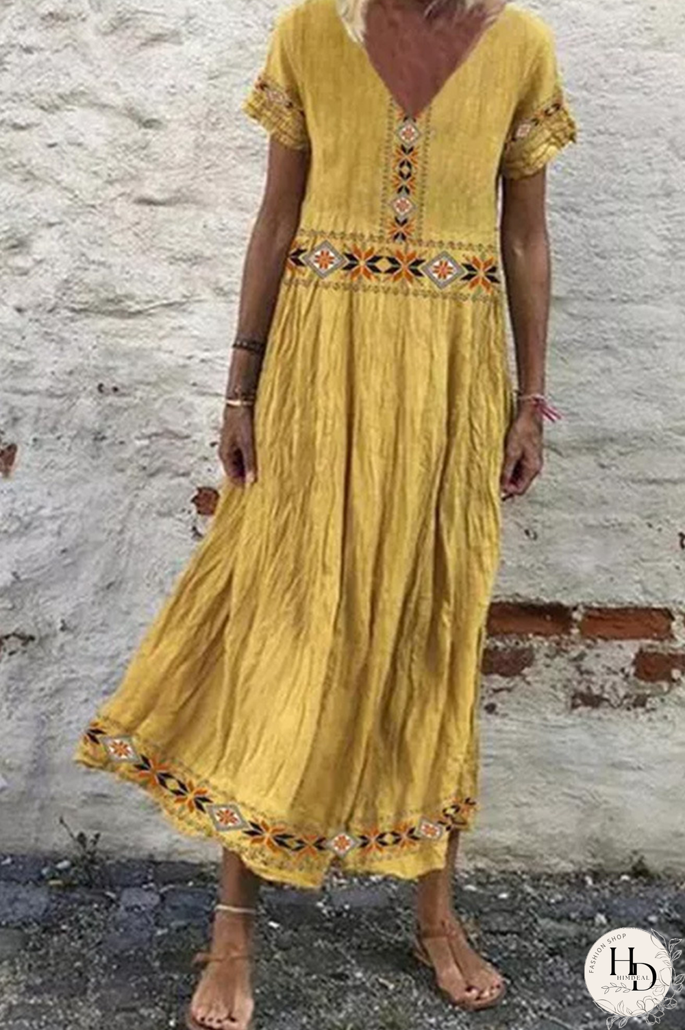 Casual Vintage Print V Neck A Line Dresses(3 Colors)