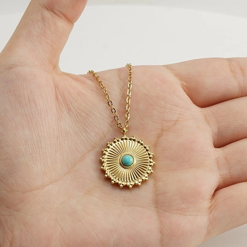 Retro Round 304 Stainless Steel Turquoise 18K Gold Plated Inlay Stainless Steel Necklaces