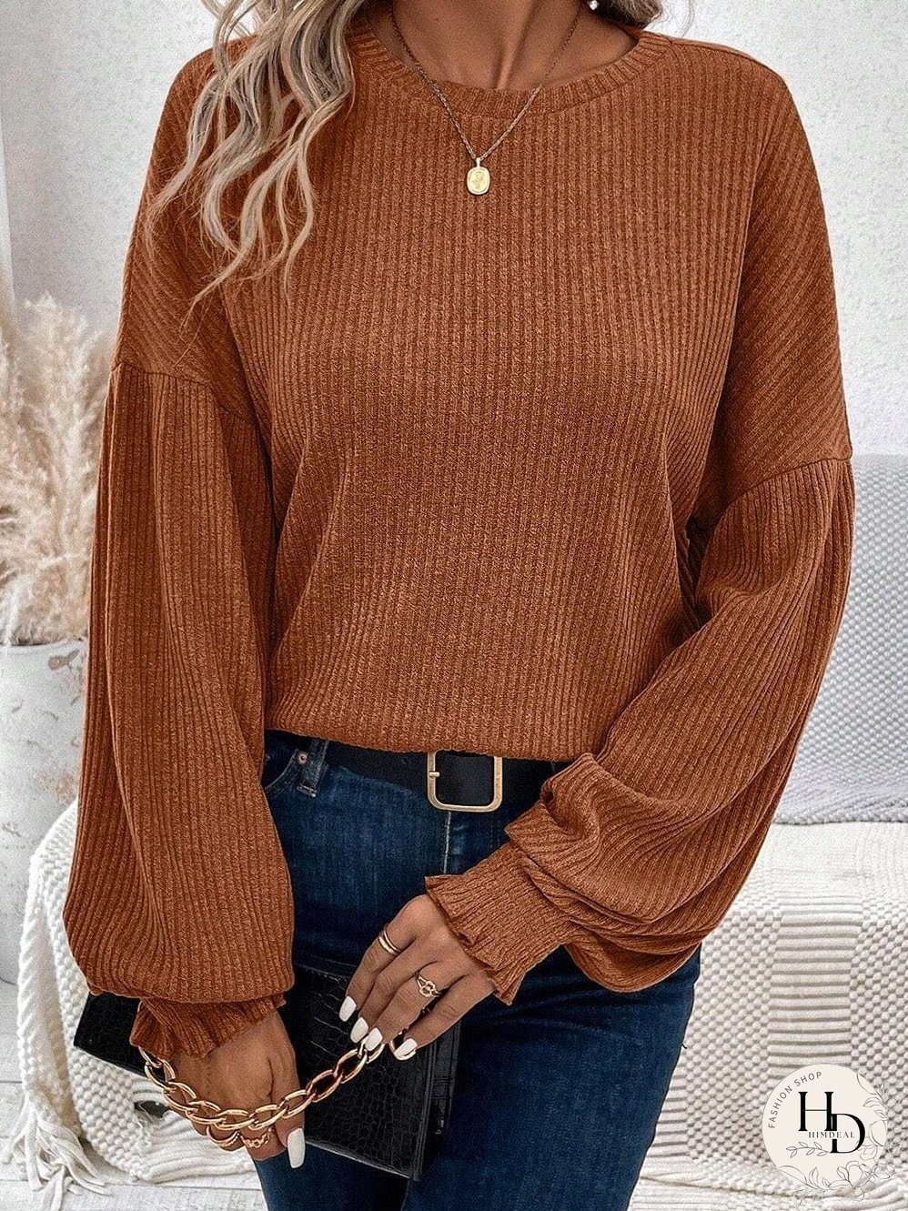 Chestnut Textured Knit Drop Shoulder Ruffled Sleeve Top
