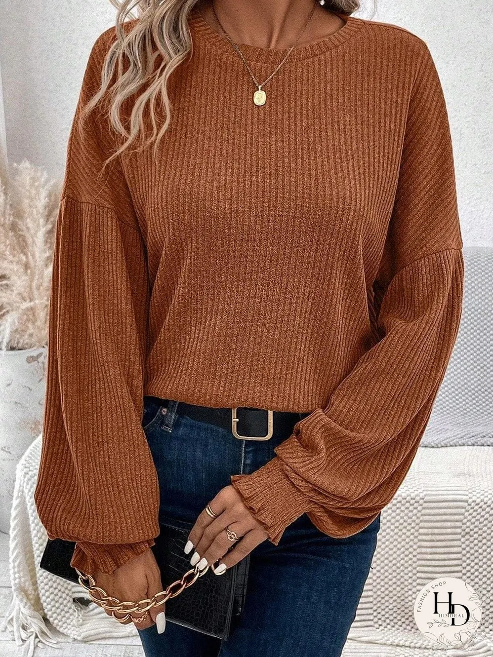 Chestnut Textured Knit Drop Shoulder Ruffled Sleeve Top