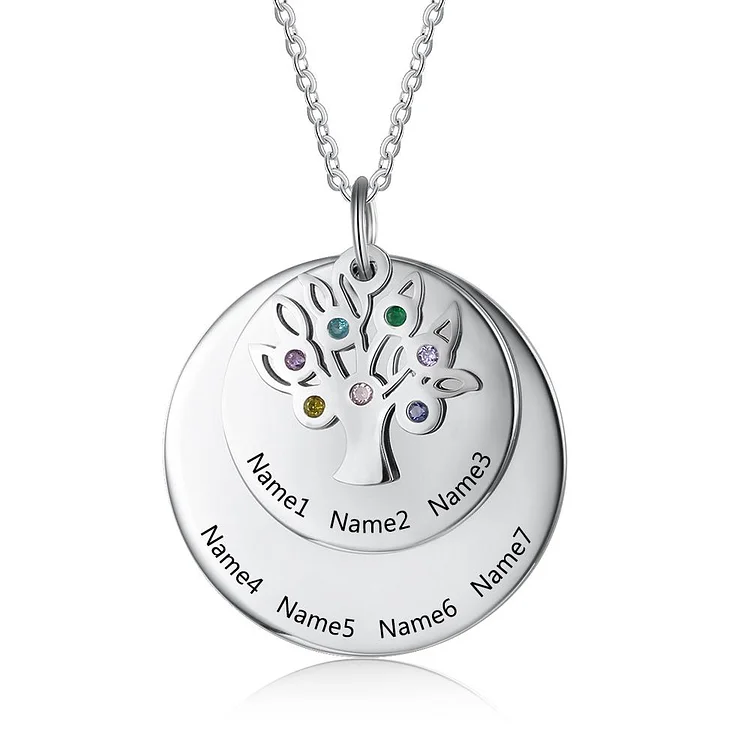Family Tree Birthstone Necklace with 7 Names Personalized Disc Necklace Great Gift for Grandmother