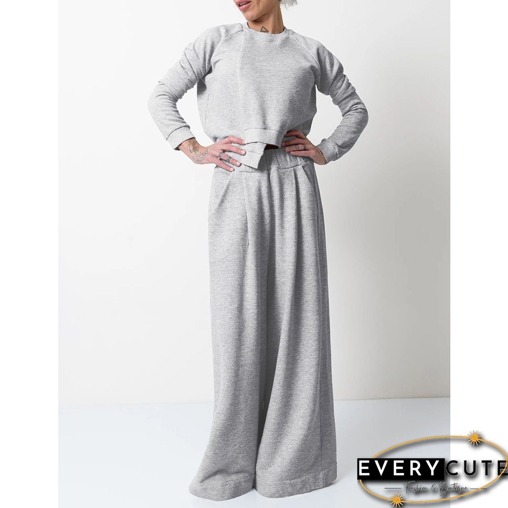 Light Gray Irregular Sweatshirt with Wide Leg Casual Pant Set