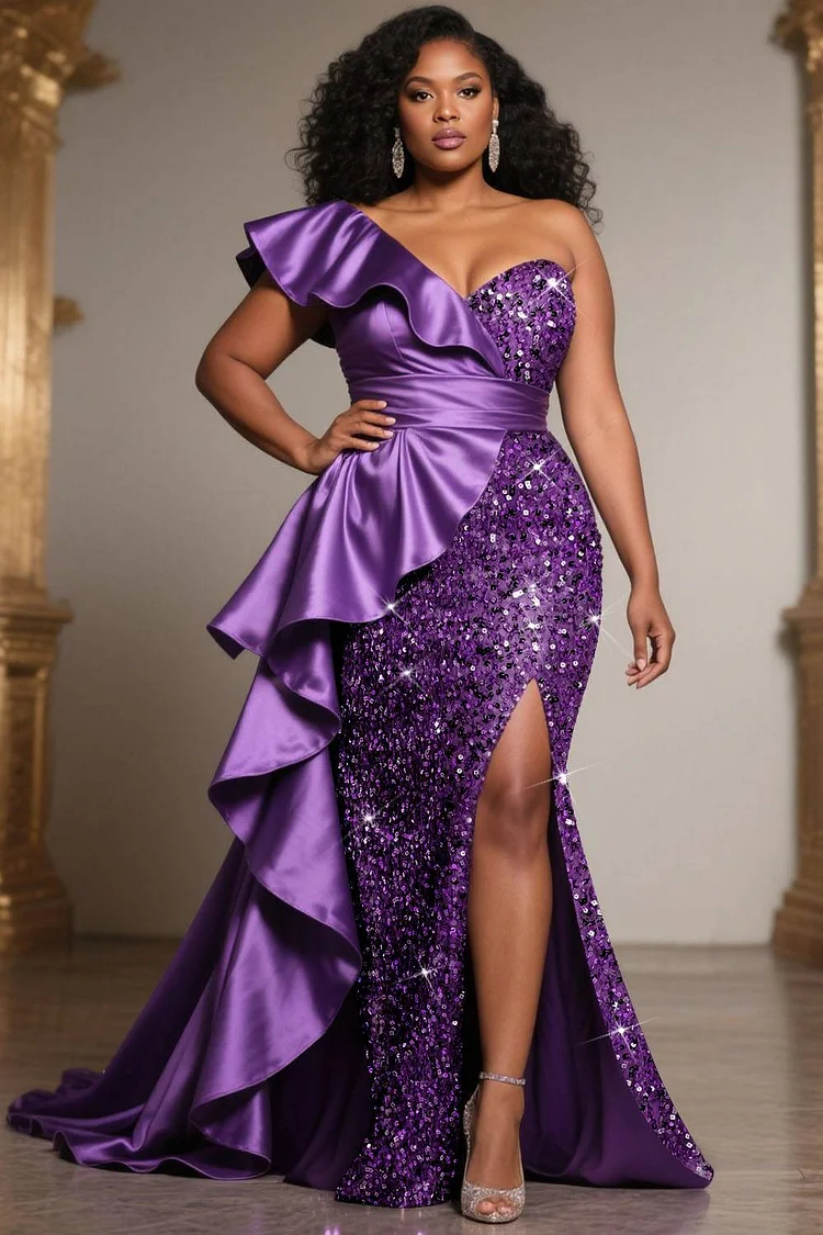 Xpluswear Design Plus Size Formal Sequin Purple Oblique Collar Split Elegant Ruffle Satin Maxi Dresses [Pre-Order] 2024 - Xpluswear