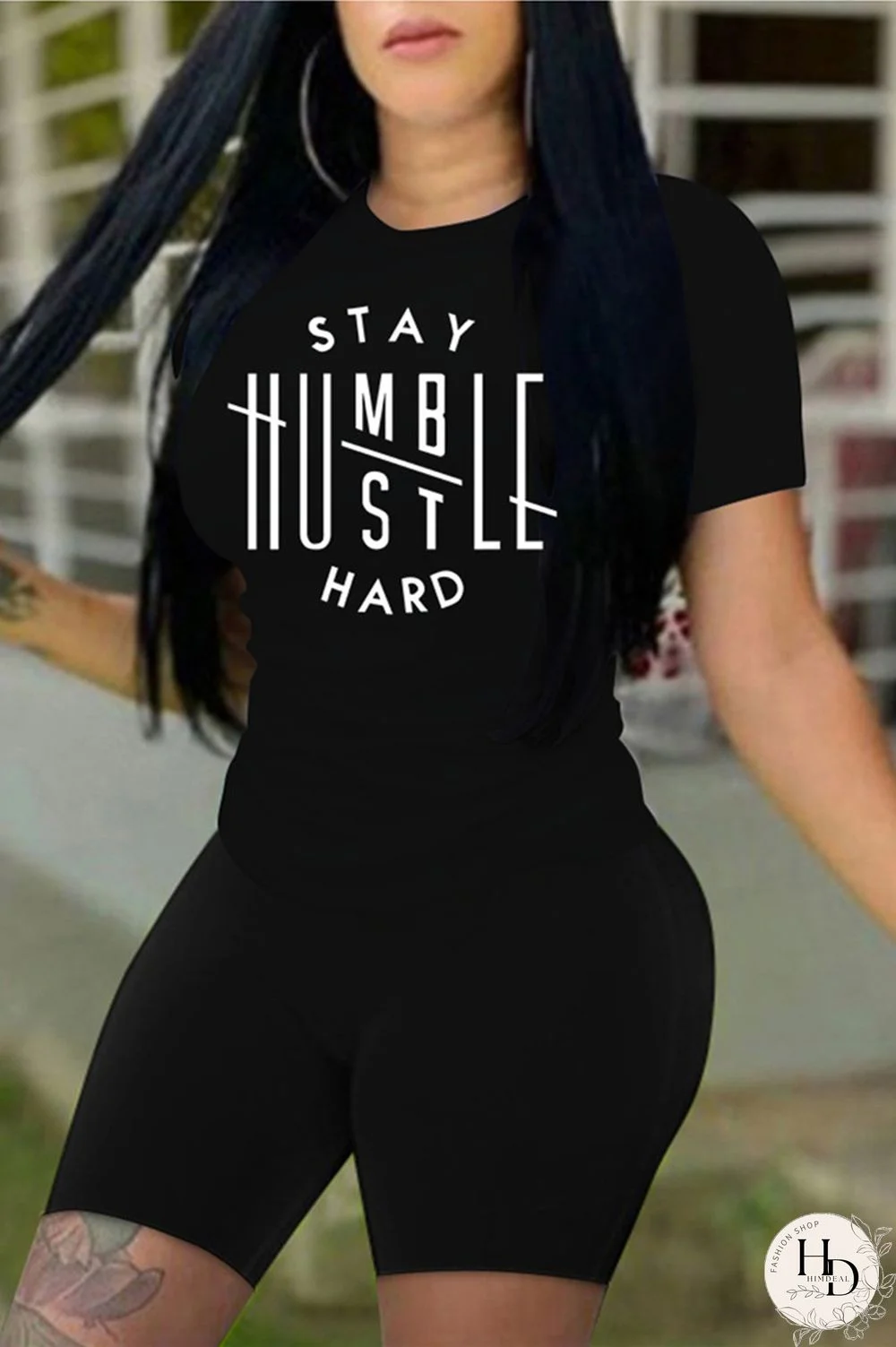 Black Fashion Casual Print Basic O Neck Plus Size Two Pieces