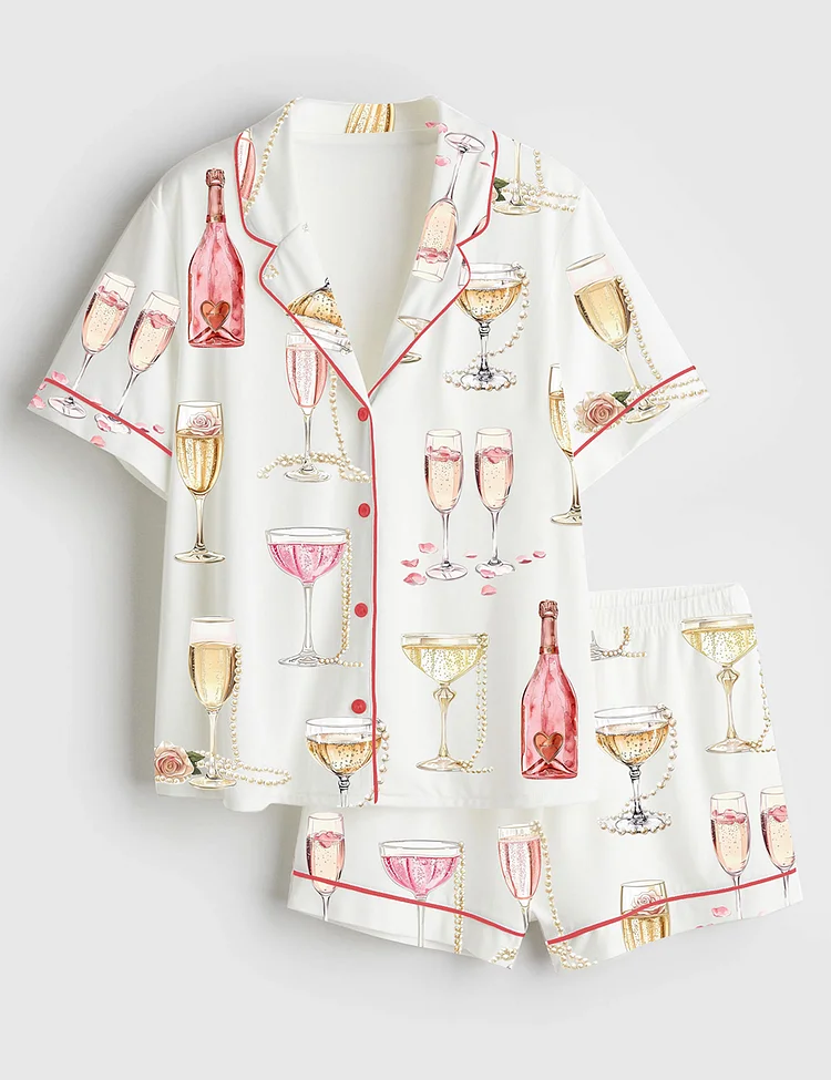 Women&rsquo;s Pearls And Prosecco Bridal Shower Party Champagne Print Short Sleeve Satin Pajama Set