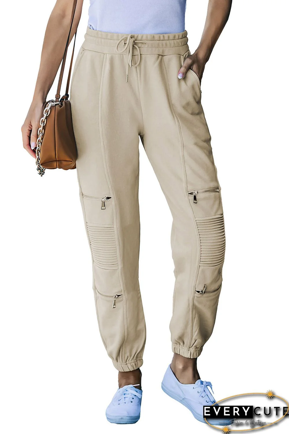 Beige Pleated Zipper Drawstring High Waist Joggers