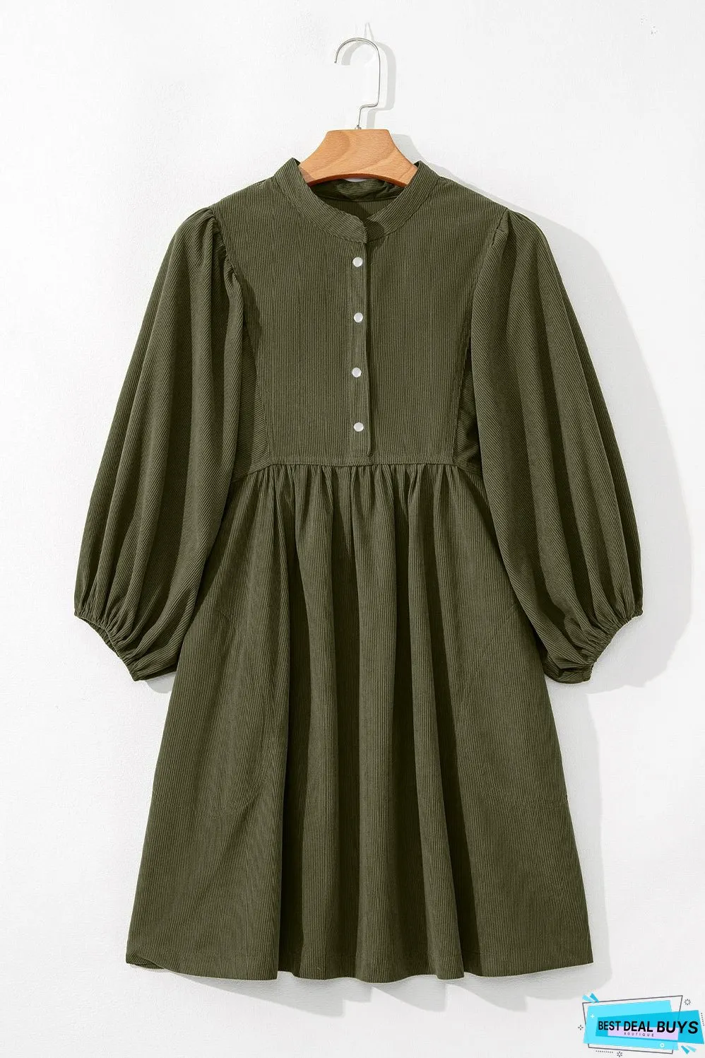Vineyard Green Corduroy Snap Buttons Empire Waist Bracelet Sleeve Dress
