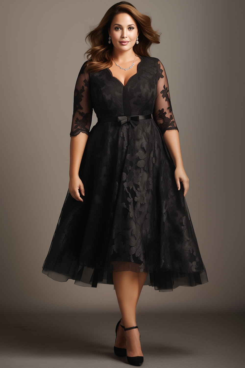 Flycurvy Plus Size Wedding Guest Black Lace Wave Neck Layered 3/4 Sleeve Tea-Length Dress