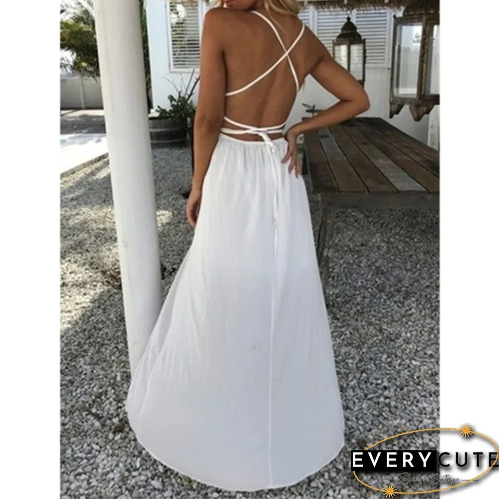 Boho Women Long Dress Backless Halter V Neck Maxi Beach Bohemia Dresses Sundress