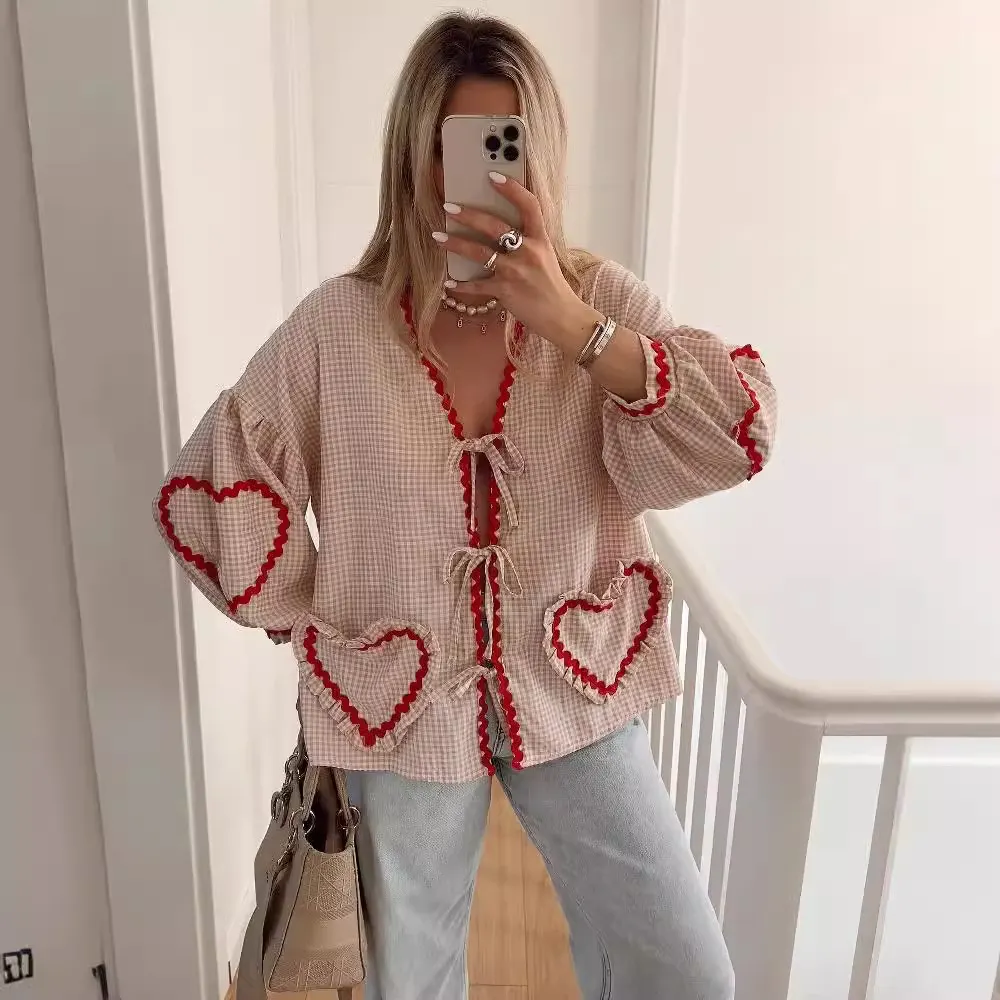 Brownm Brownm Women's Clothing New Fashion Loose Long-Sleeved Plaid Love With Shirt Women
