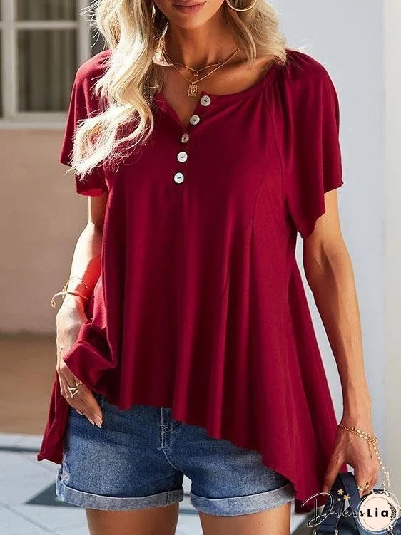 Solid Leisure Comfortable V Neck Irregular T-shirt for Women