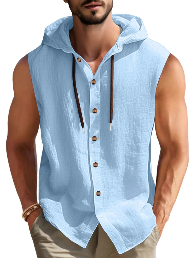Men's pure cotton casual hooded solid color breathable loose sleeveless shirt