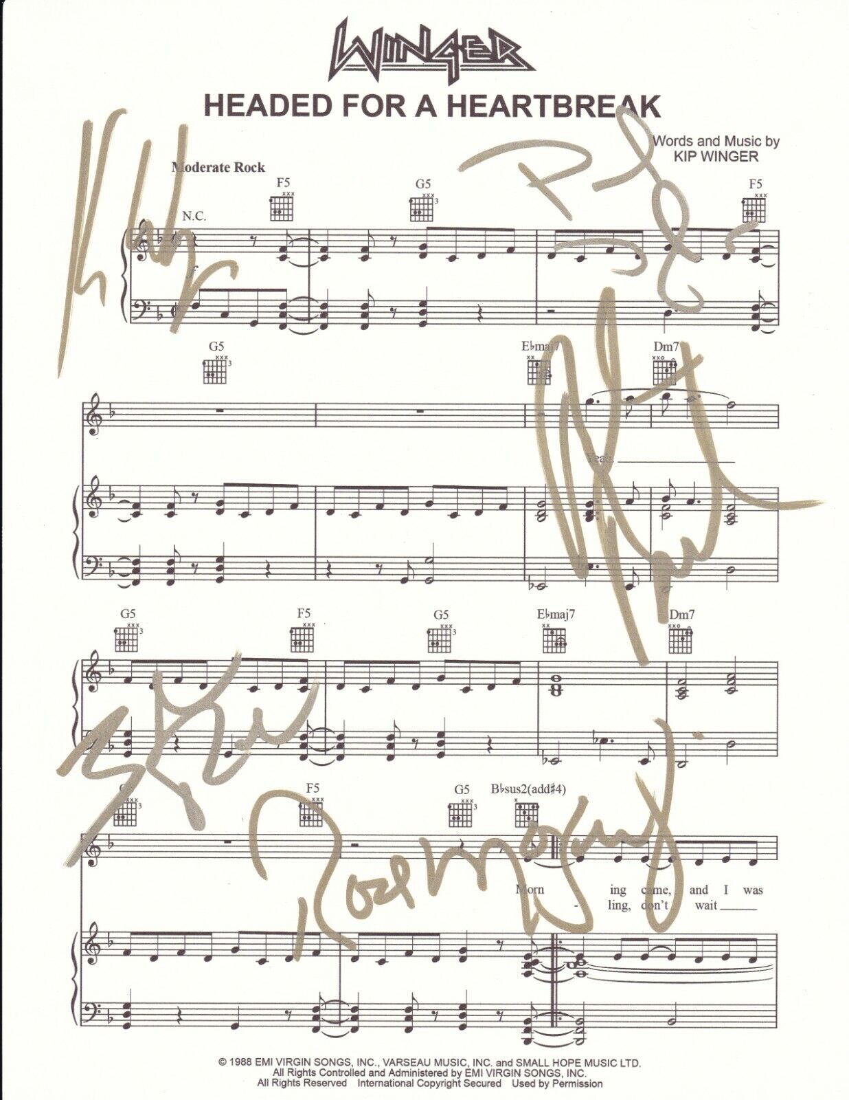 Winger REAL SIGNED Headed For A Heartbreak Sheet Music COA 4 original members