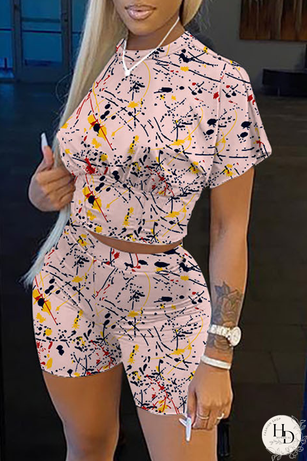 Grey Casual Print Patchwork O Neck Short Sleeve Two Pieces