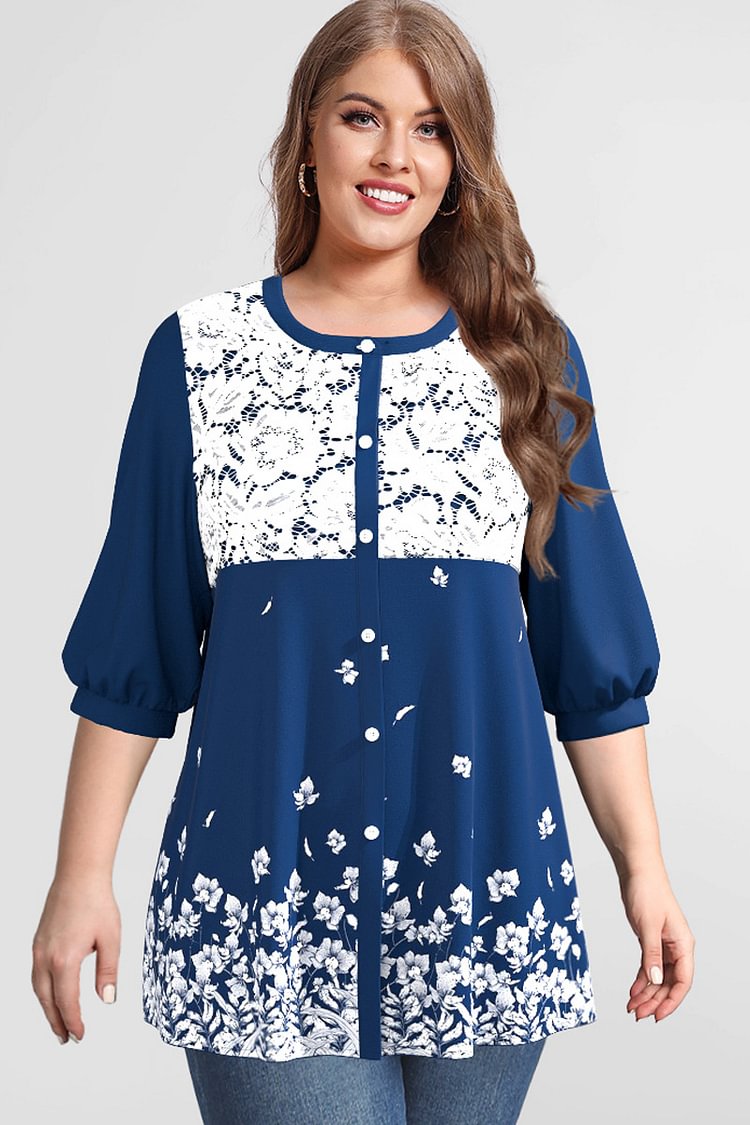 Flycurvy Plus Size Casual Navy Blue Lace Stitching Floral Print Lantern Sleeve Blouse  flycurvy [product_label]