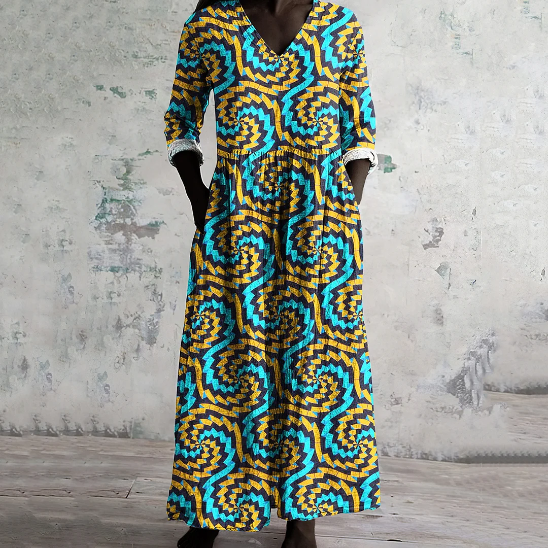 African Print V-neck Linen Blend Midi Dress
