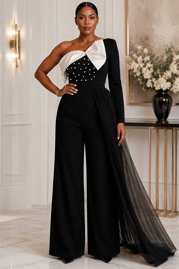 Xpluswear Design Plus Size Formal Black One Shoulder Long Sleeve With&nbsp;Skirt&nbsp;Overlay&nbsp;Pearls Tulle Jumpsuits [Pre-Order] 2024 - Xpluswear