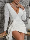 Jacquard Deep V-Neck Ruffled Backless Sexy Slim Mini Dress