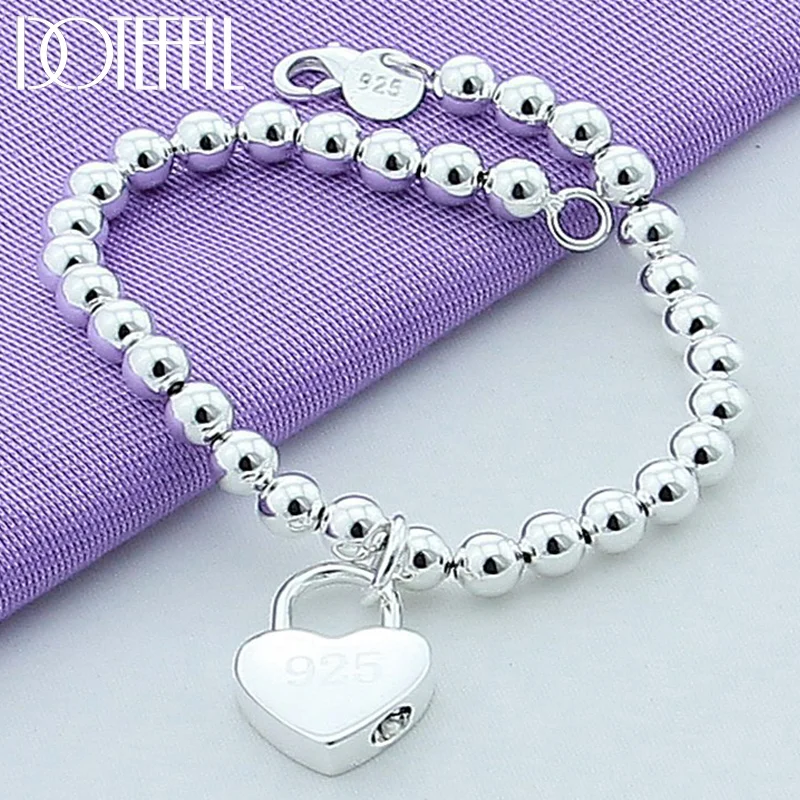 DOTEFFIL 925 Sterling Silver Heart Lock 6mm Beads Chain Bracelets Jewelry Women 