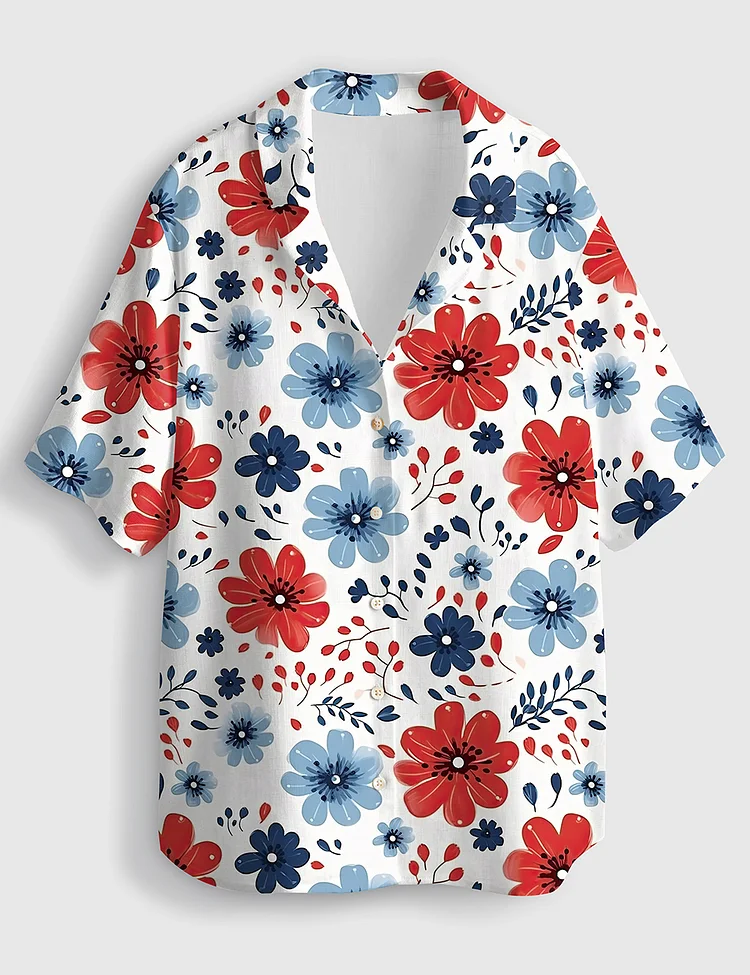 Women&rsquo;s Patriotic Watercolor Floral 4th Of July Short Sleeve Linen Blend Hawaiian Shirt
